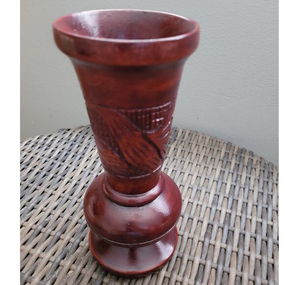 Vintage Hand Carved Wood Vase 9.5" Tall Red Brown Urn Rustic Folk Art Decor - Picture 5 of 6